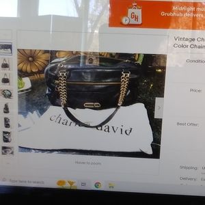 Vintage Charles David black leather shoulder bag with gold color chain